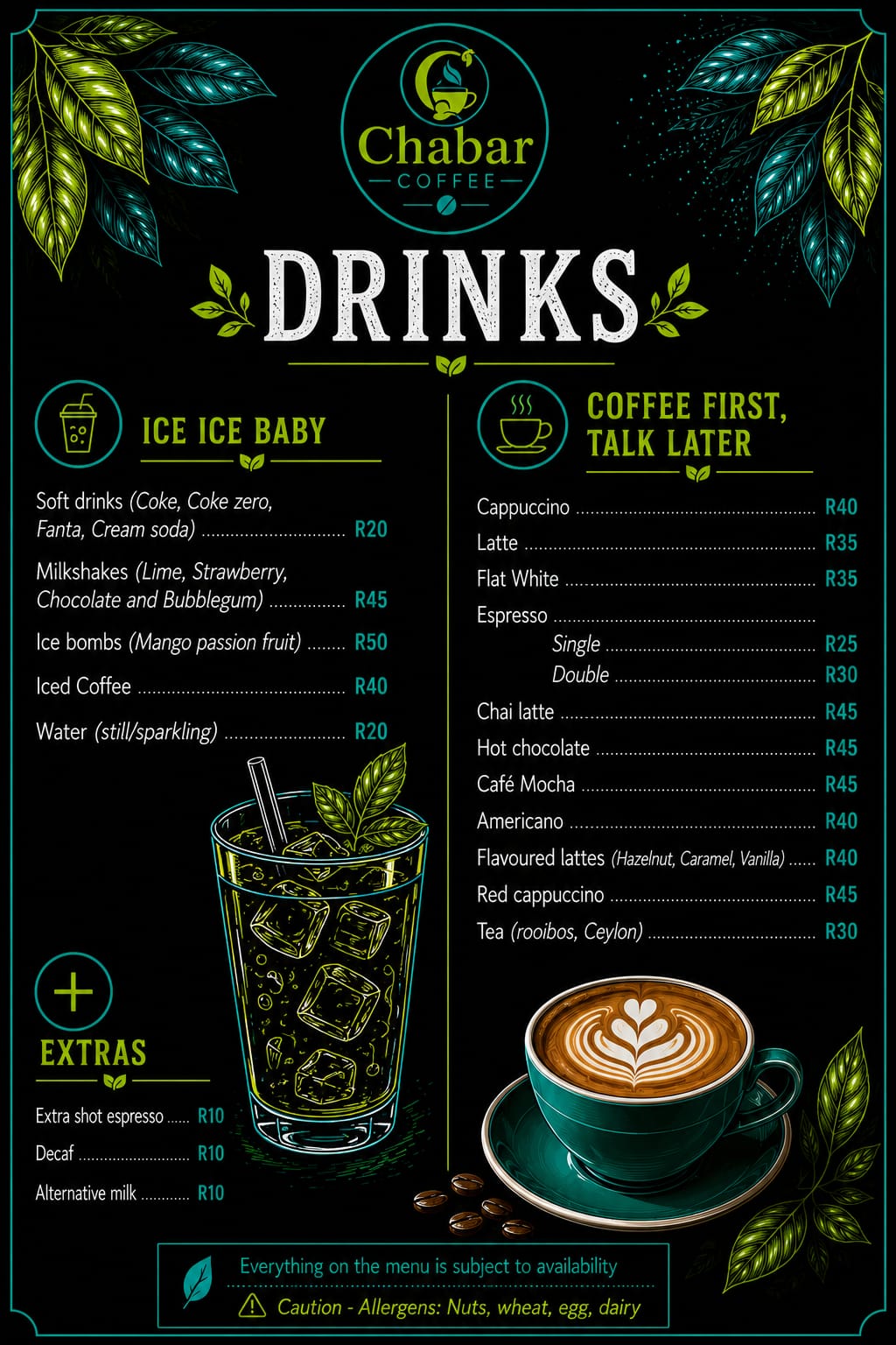 Chabar Drinks menu with coffees, cold drinks, milkshakes, and extras