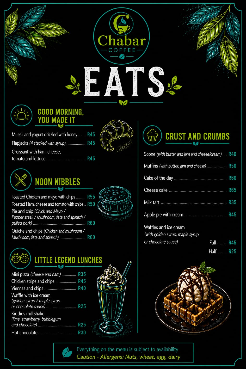 Chabar Eats menu with breakfast, lunch, children's meals, cakes, and desserts